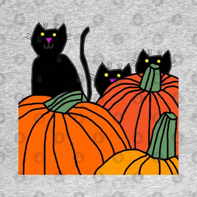 Three Black Cats in the Halloween Pumpkin Patch by ellenhenryart